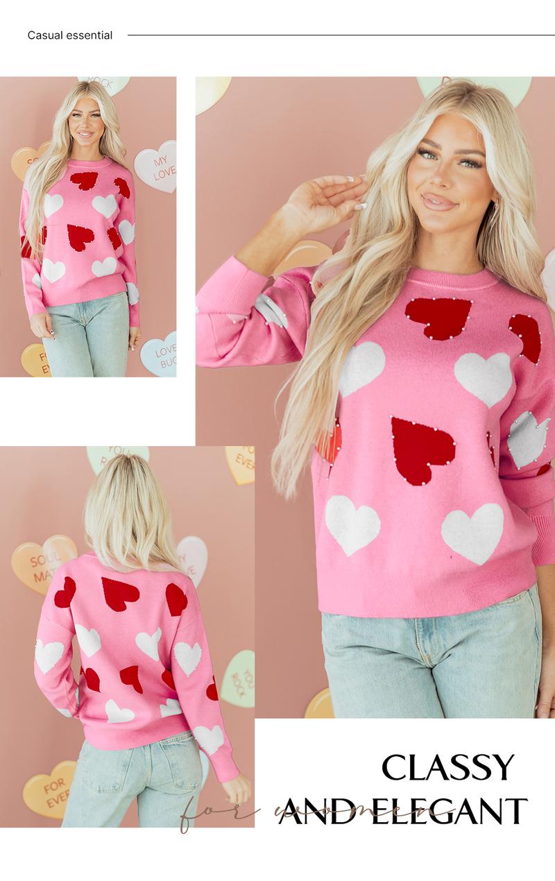 Asvivid Women's Faux Pearl Embellished Heart Pattern Valentines Day Sweater Tops Long Sleeve Pink Knitwear for Casual Wear Womenswear