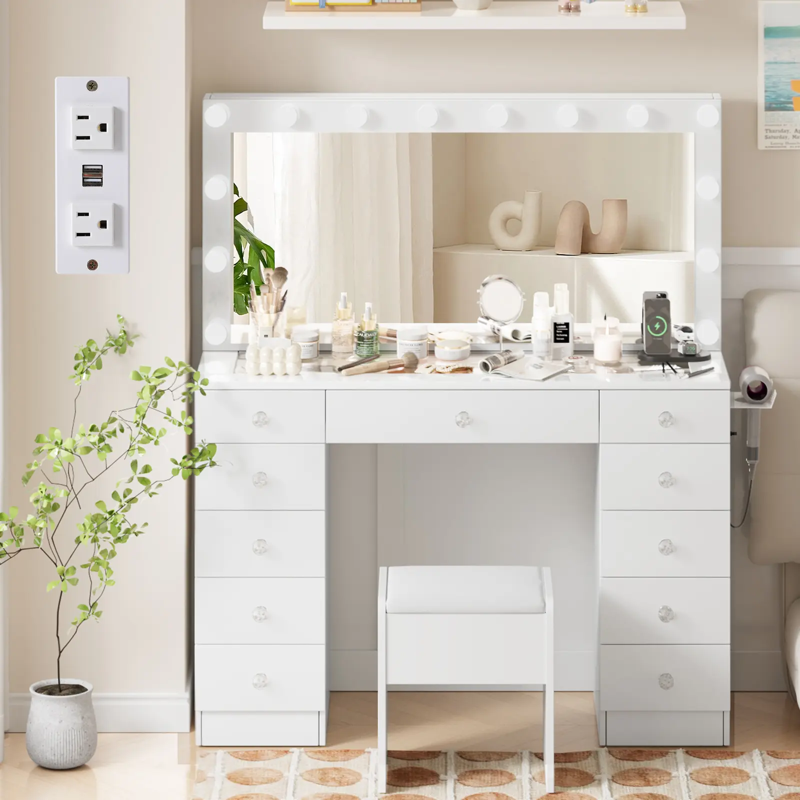 VOWNER 46" Vanity Table with Lighted Mirror – 3 Lighting Modes, Built-In Power Strip, 11 Drawers, Tempered Glass Desktop & 10X Magnifying Mirror with Suction Cups