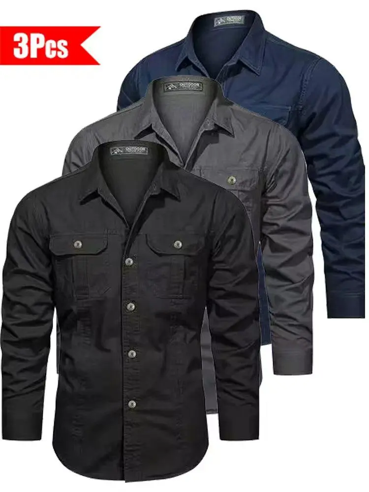3-pack men’s solid-color long-sleeve shirts, regular fit, casual button-down tops suitable for office and business settings, all-season wear, casual slim-fit shirts,back to school,back to school shopping