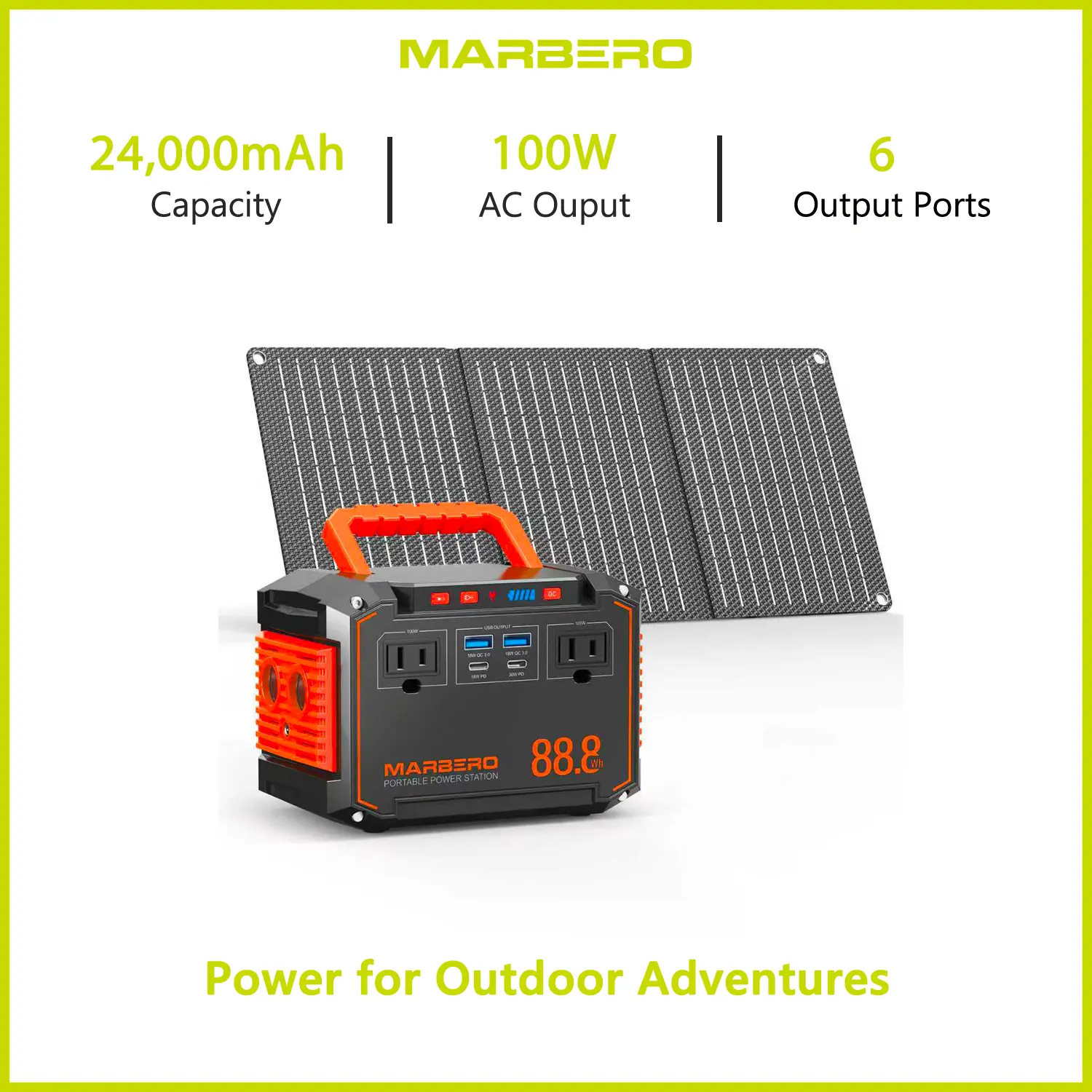 MARBERO 88.8Wh Solar Generator with 30W Solar Panel Portable Power Station with 2 x 100W AC Outlets 6 Output Ports Built-in Flashlight for Camping Power Outage Lightweight Battery Powered Rechargeable Battery Operated outdoor gadgets