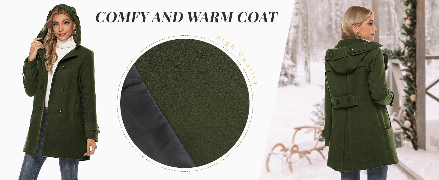 Yeokou Women's Warm Double Breasted Wool Pea Coat Trench Coat Jacket with Hood