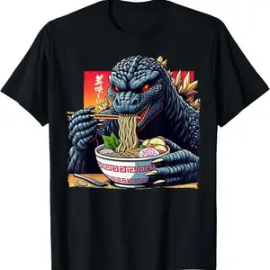 Funny Kaiju Eating Ramen Japanese Monster Lover Birthday T-Shirt Novelty Graphic T Shirt funny tshirt Undershirts Tees Casual Streetwear Classic Plain Men's Women Cotton Moisture Wicking Short Sleeve Crew Neck, Valentine's Day Gift.