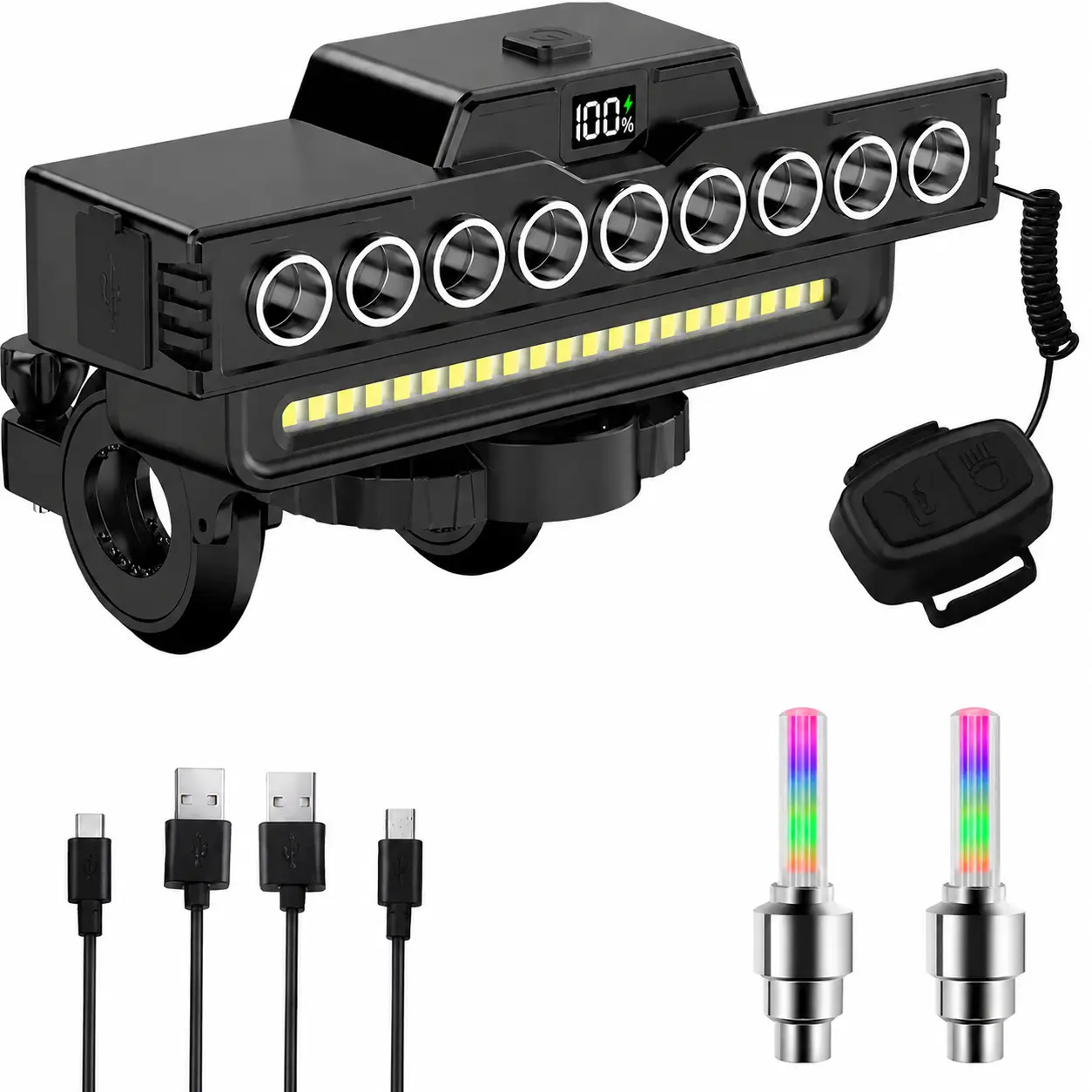 USB Rechargeable Bicycle Headlight, 9LED Bike Horn Headlight with Digital Display, High Lumen Night Riding Light,IPX5 Water Resistance，Outdoor Cycling Accessories,Bike light set,Luces led para bicicletas  super bright bike light rechargeable
