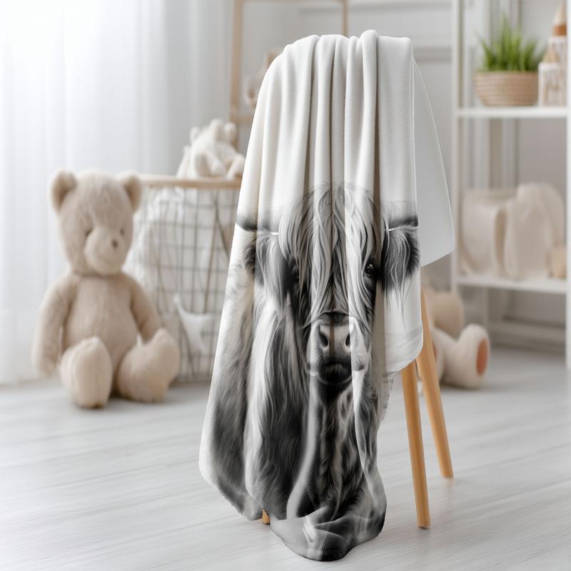 Highland Cow Pattern Soft Blanket, Cow Print Blanket, Cool Bedroom Bedding Blankets, Air-conditioned Room Blanket, Warm Nap Blanket for Home Office Travel Camping