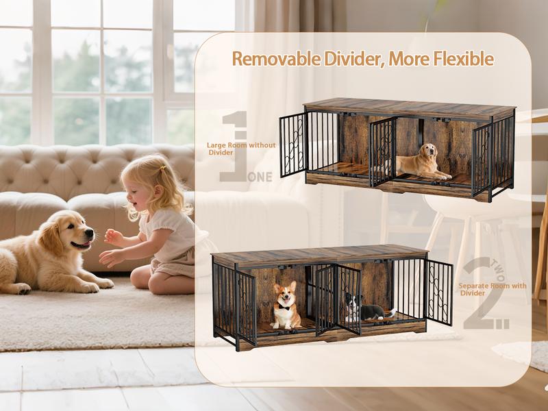 71 Inch Double Dog Crate Furniture Large Breed for 2 Dogs, Decorative Wooden Dog Crates Indoor Dog Kennel TV Stand for Medium Dogs, Dog Cage Furniture Heavy Duty Pet House with Divider, Brown