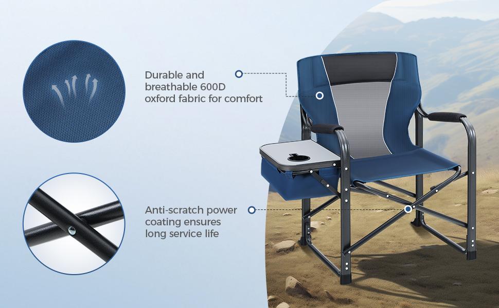 PHI VILLA 27” High Back Adjustable Camping Chair, 2-Position Reclining Folding Director Chair Supports 300lbs, Heavy Duty Outdoor Lawn Chair with Side Shelf