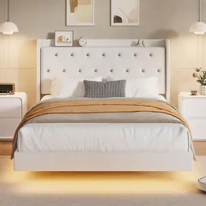 Floating Bed Frame Queen Size with LED Lights, Velvet Upholstered Platform Queen Bed Frame with Wingback Storage Headboard,No Box Spring Needed,White