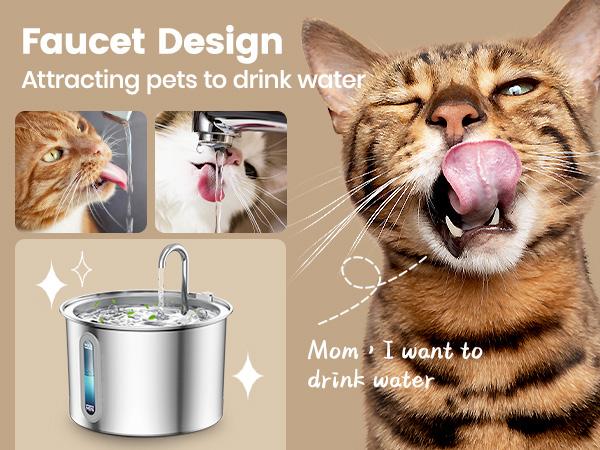 oneisall Cat Water Fountain with 3 Replacement Filters,304 Stainless Steel,  2L/67oz Automatic Water Fountain for Cats , Visual Water Level Window with LED,Gift for Pet