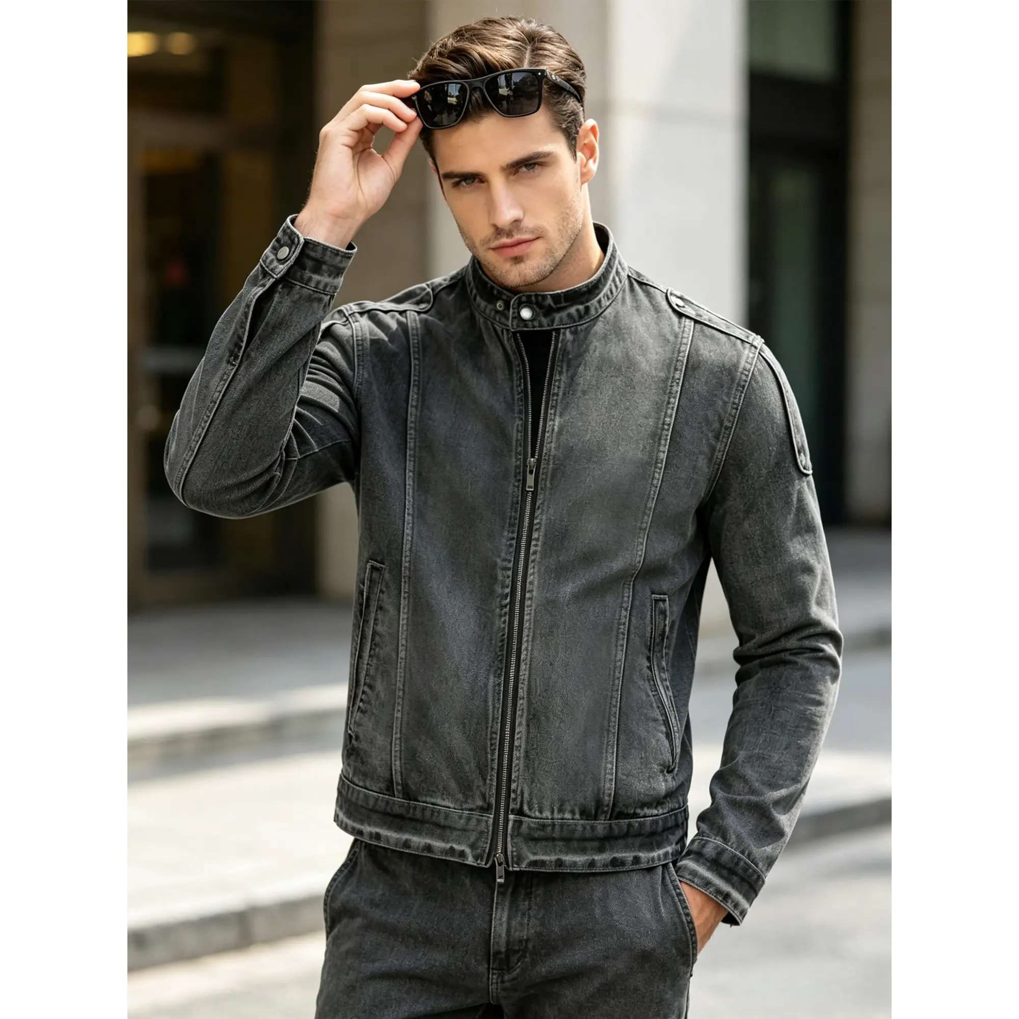 Men's Charcoal Grey Moto Denim Jacket - Zip-Up Stand Collar Biker Coat, Acid Wash Streetwear Outerwear, Sizes S-2XL. #Streetwear #MotorcycleJacket #DenimJacket #TikTokMadeMeBuyIt Classic Cotton