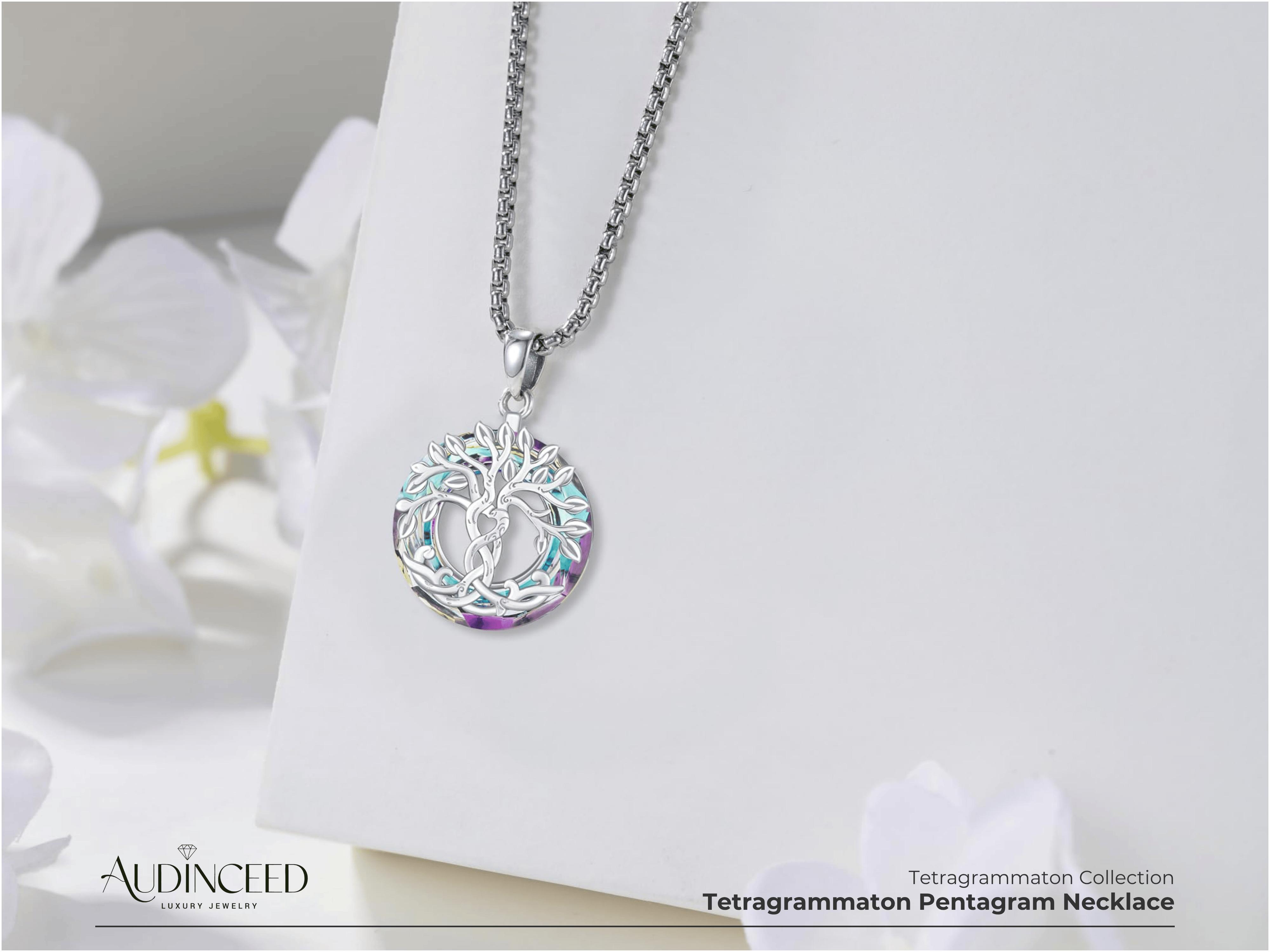 Audinceed Tree of Life Crystal Necklace, S925 Sterling Silver Tree of Life Austrian Crystal Silver Necklace Pendant Religion Blessed Jewelry Anniversary Birthday Gift For Men Women