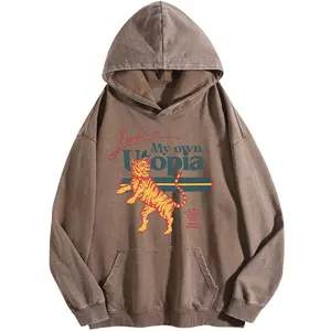 Holafish Women's Unisex My Own Utopia Print Acid Wash Hoodie Vintage Sweatshirt Oversized Loose Fit Winter Warm Streetwear Casual Tunic graphic Crewneck