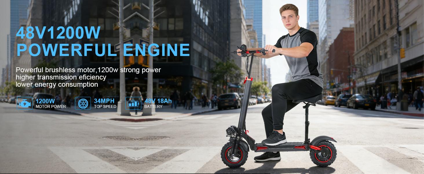 Electric scooter，34MPH，1200Wmaximum motor，34 miles of range，11-inch pneumatic tires,double suspension, maximum load capacity 330 pounds,adult commuting electric scooter Portable Folding