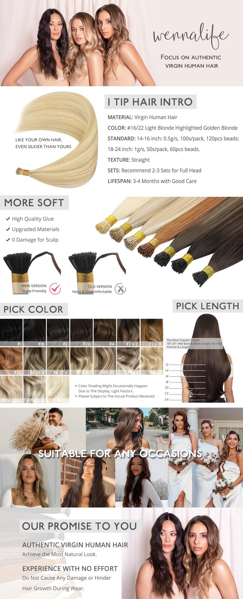 WENNALIFE I Tip Hair Extensions Human Hair 100s 50g-100g 14-24 Inch Invisible I Tips Straight Itips Fusion Extensions for Stylish Look