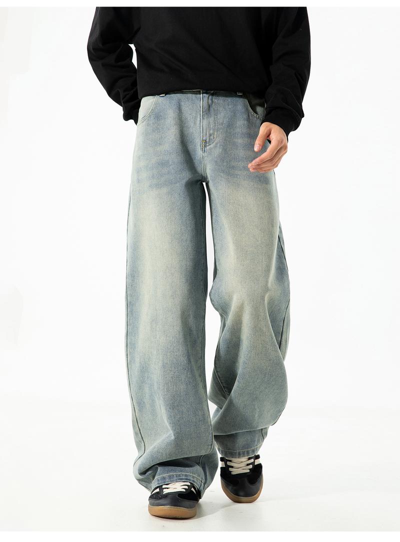Men's Vintage Oversized Jeans for Fall, Washed Distressed Trendy Brand Loose Straight Leg Pants, Unisex Street Style Minimalist Versatile Fashion Floor-Length Jeans, Men's Denim Pants, Youthful Popular Student Pants, Soft Comfortable Fabric, Suitable for