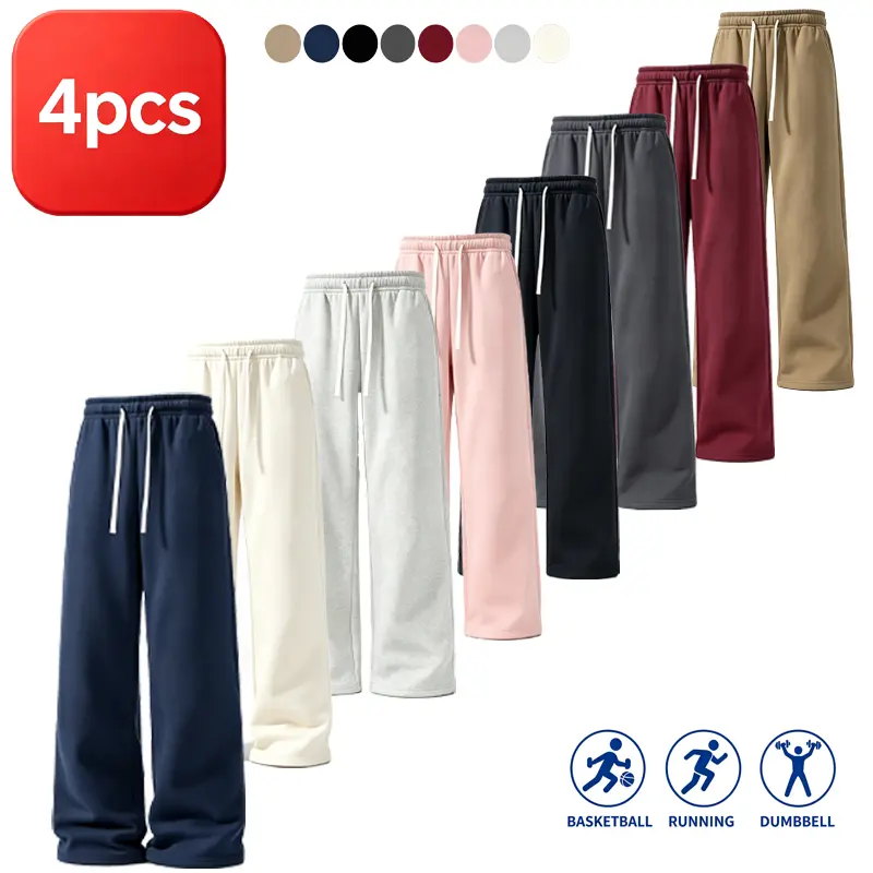 4-Pack - Solid Color Drawstring Wide-Leg Athletic Sweatpants for Men, Loose Fit with Fluid Drape, Straight-Cut Casual Long Pants, Versatile for Daily Wear and Commuting, Multiple Colors Available