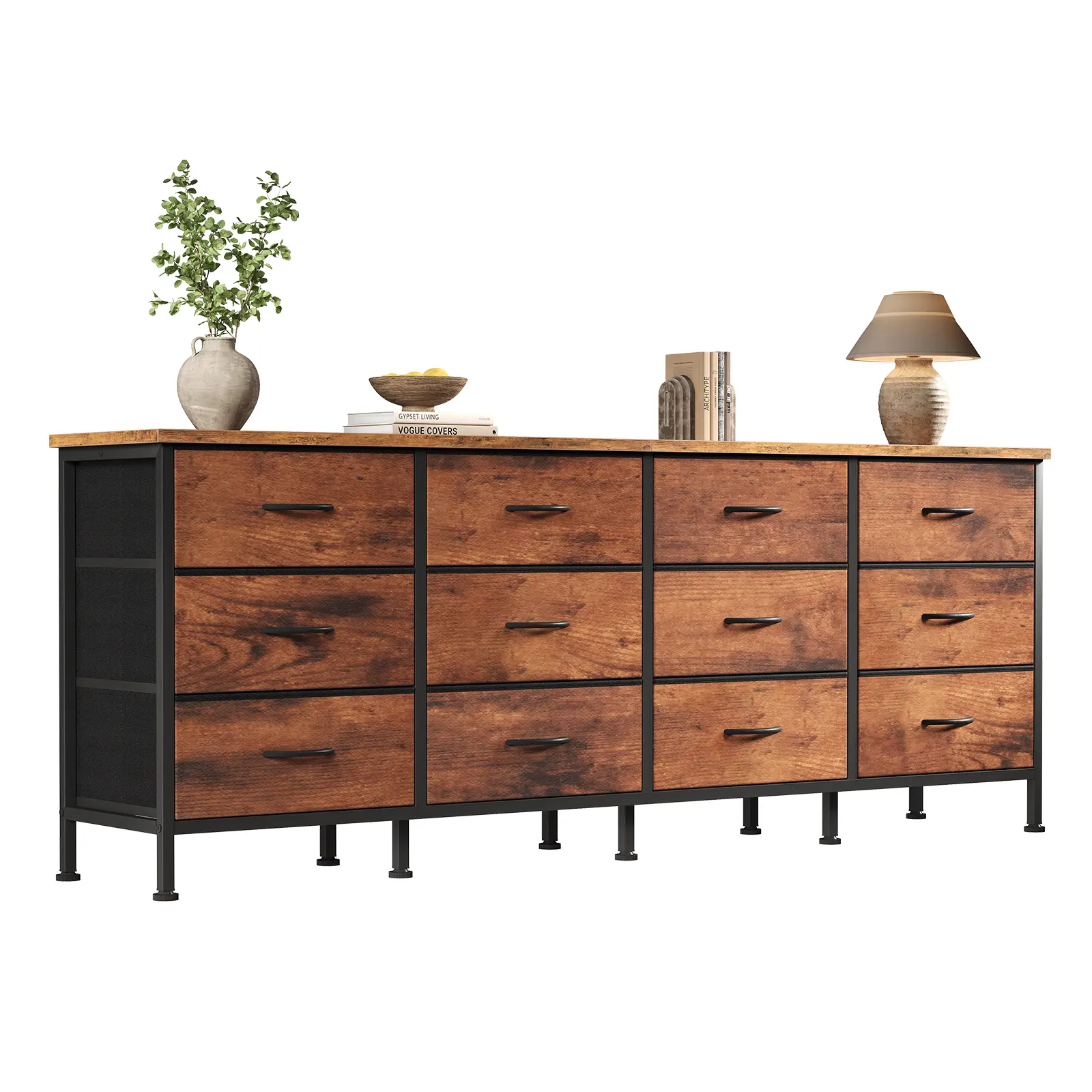 TV Stand, 12 Drawer Dresser Farmhouse Entertainment Center for up to 80 Inch TVs, Media Console Table with Metal Frame Adjustable Feet for Bedroom, Living Room