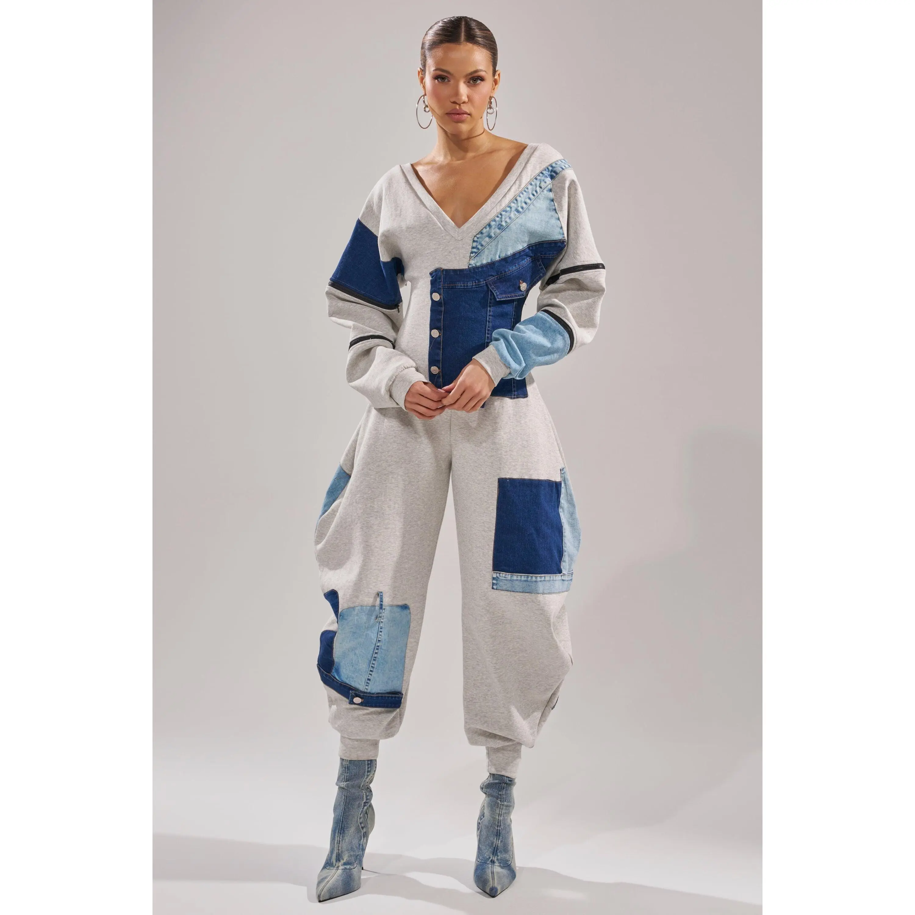 COMFY COZY PATCHWORK JUMPSUIT IN HEATHER GREY