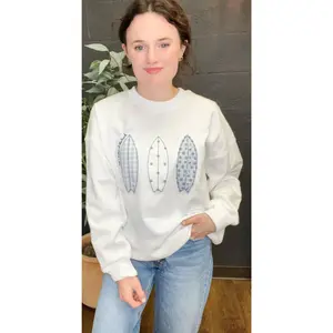 Crew Neck White Sweatshirt with Patchwork Surfboard Applique
