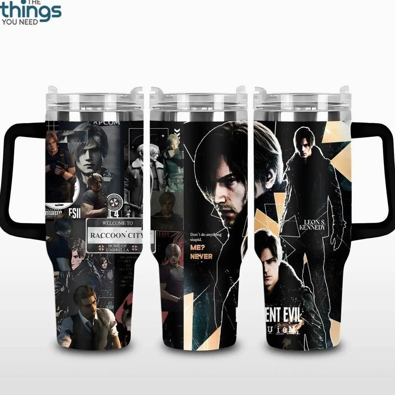 Leon Kennedy - Resident Evil V2 Inspired Tumbler 40oz & 20oz, Insulated Stainless Steel Travel Mug with Handle & Lid, Double Wall Vacuum Cup, Survival Horror Game Aesthetic Gift, Water Bottle, Daily Use