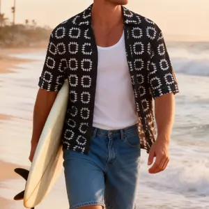 Grandclad Men's Retro Geometric Print Cuban Collar Short-Sleeved Cardigan Breathable Mesh Beach Party Top