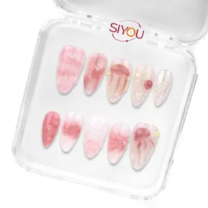 Siyou Seashell Pearl Press On Nails Short Almond Pink And White Iridescent Reusable