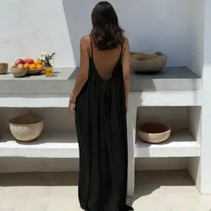 Women's Solid Color Cami Lounge Dress, Elegant Sleeveless Long Dress for Summer, Ladies Sleepwear for Indoor Wear