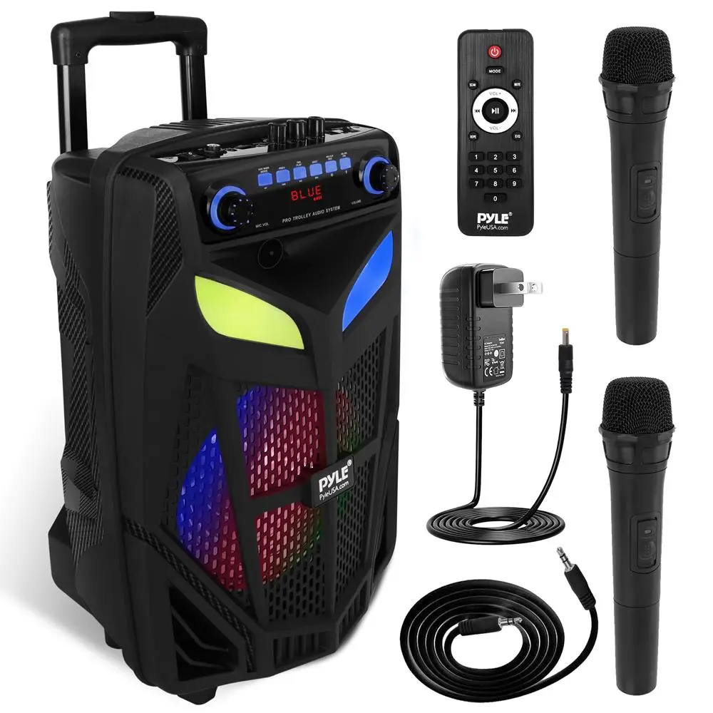 Pyle Wireless Portable Bluetooth PA Outdoor Stereo Bass Speaker - 600W 10" Subwoofer, LED Light, Rechargeable Batteries, TWS, FM Radio, USB/SD/AUX, Dual Cordless Mics for Karaoke, Events, Smartphone Compatibility, Speakers