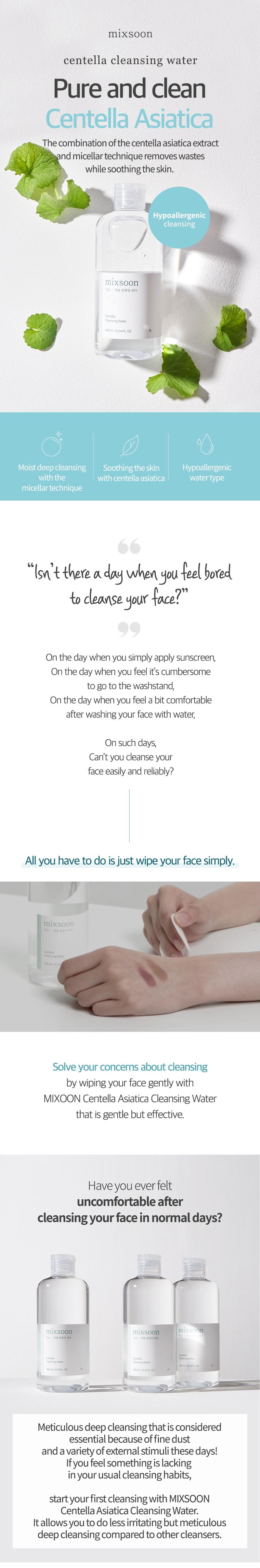 [mixsoon Official Shop] Centella Cleansing Water 10.14 fl.oz / 300ml - Hypollergenic Cleansing, Korean Glass Skincare Natural Liquid Cleanse Cleanser