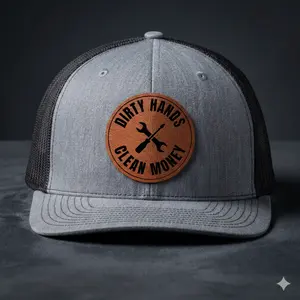 Dirty Hands Clean Money Hat – Leather Patch Trucker Cap – Blue Collar Work Hat – Mechanic Contractor Snapback