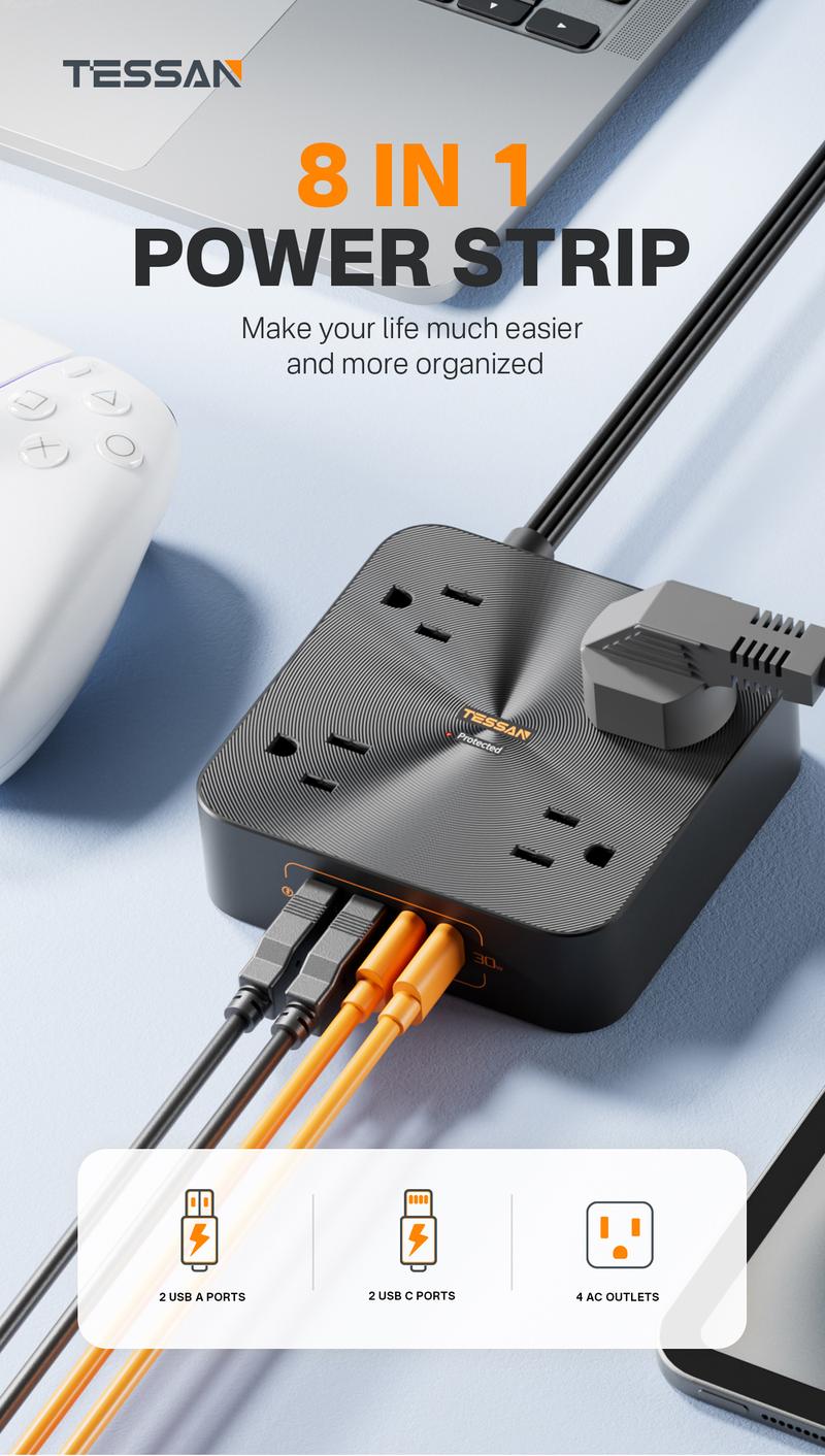 TESSAN Flat Plug Surge Protector Power Strip, 30W Fast Charging Station, 5FT Flat Extension Cord with 4 Outlets & 4 USB C, Wall Mount Compact Desk Charging Station For Office, Dorm, Home Essentials