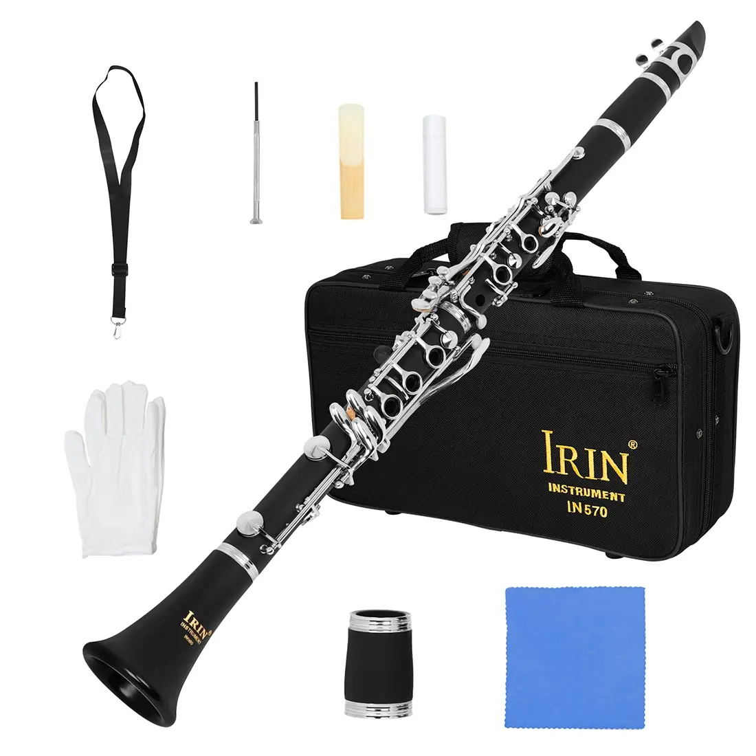 Irin In570 Bb Clarinet, Resin Body, 17 Frets, 6 Ring Keys, Silver Color Keys (copper Plugs), High-Quality Musical Instrument