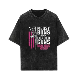 Women's Patriotic "Messy Buns & Loaded Guns" Graphic T-Shirt - American Flag & Rifle Design, Raising Wolves Not Sheep Slogan, Black with Pink/White Lettering, Casual Crew Neck Short Sleeve Top, Machine Washable, Black-Hoodie-front Black-Sweatshirt-front