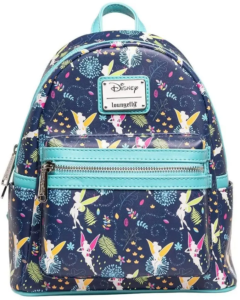 Loungefly Disney Tinkerbell Cute Versatile Glow in the Dark Mini Backpack, Faux Leather Allover Print with Teal Straps and Side Pockets, Cute Versatile Backpack, Glows In The Dark, Adjustable Strap
