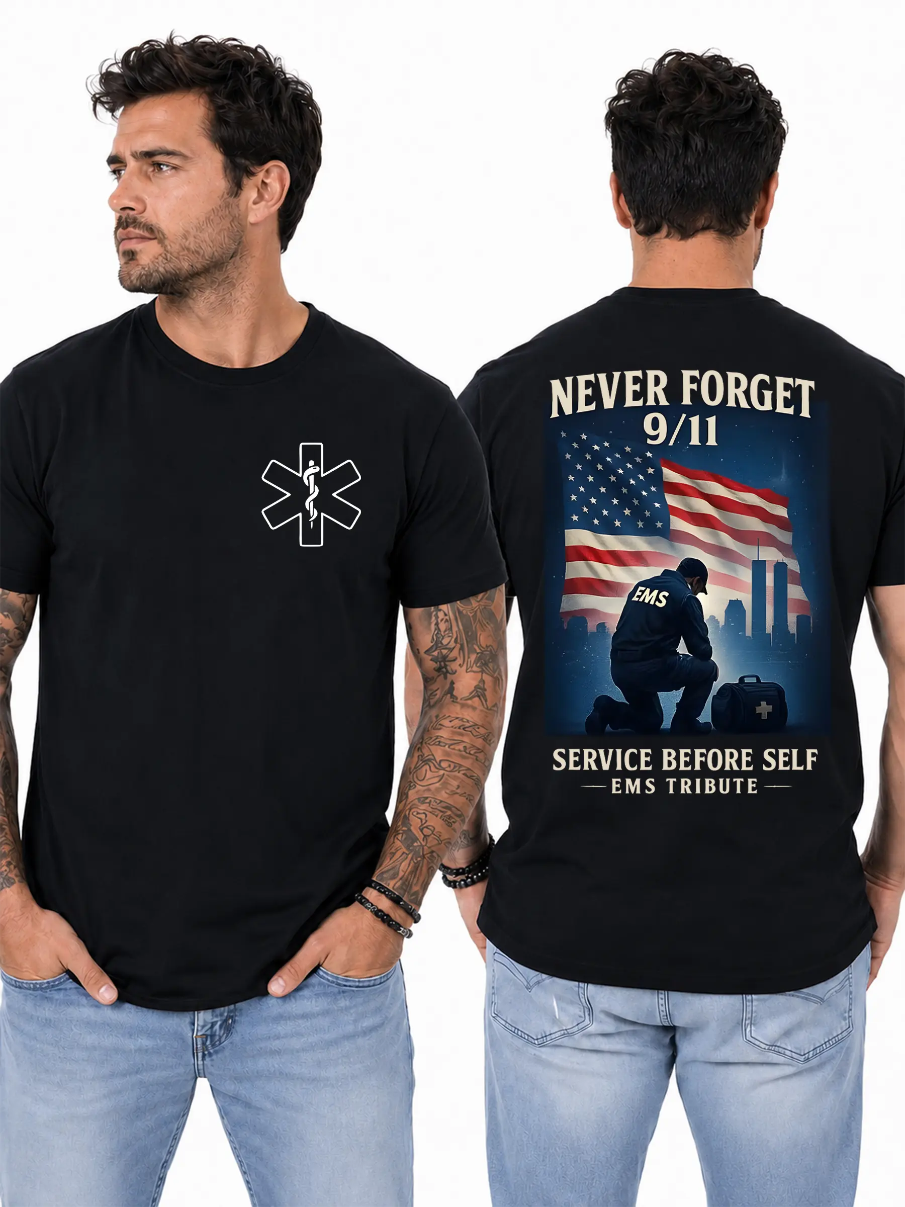 Women's Cotton Short-Sleeve Casual Classic T-Shirt - EMS 9/11 Tribute, Kneeling Paramedic American Flag Graphic, Service Before Self Never Forget, Patriotic Memorial Gift for First Responders