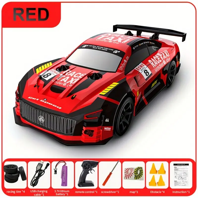 RC Drift Car, 2.4GHz 1:24 Scale High Speed Remote Control Racing Car with LED Lights, 4 Drift Tires & 4 Racing Tires, Includes Traffic Cones for DIY Track, Sport Drift Vehicle Toy Gift for Boys & Adults