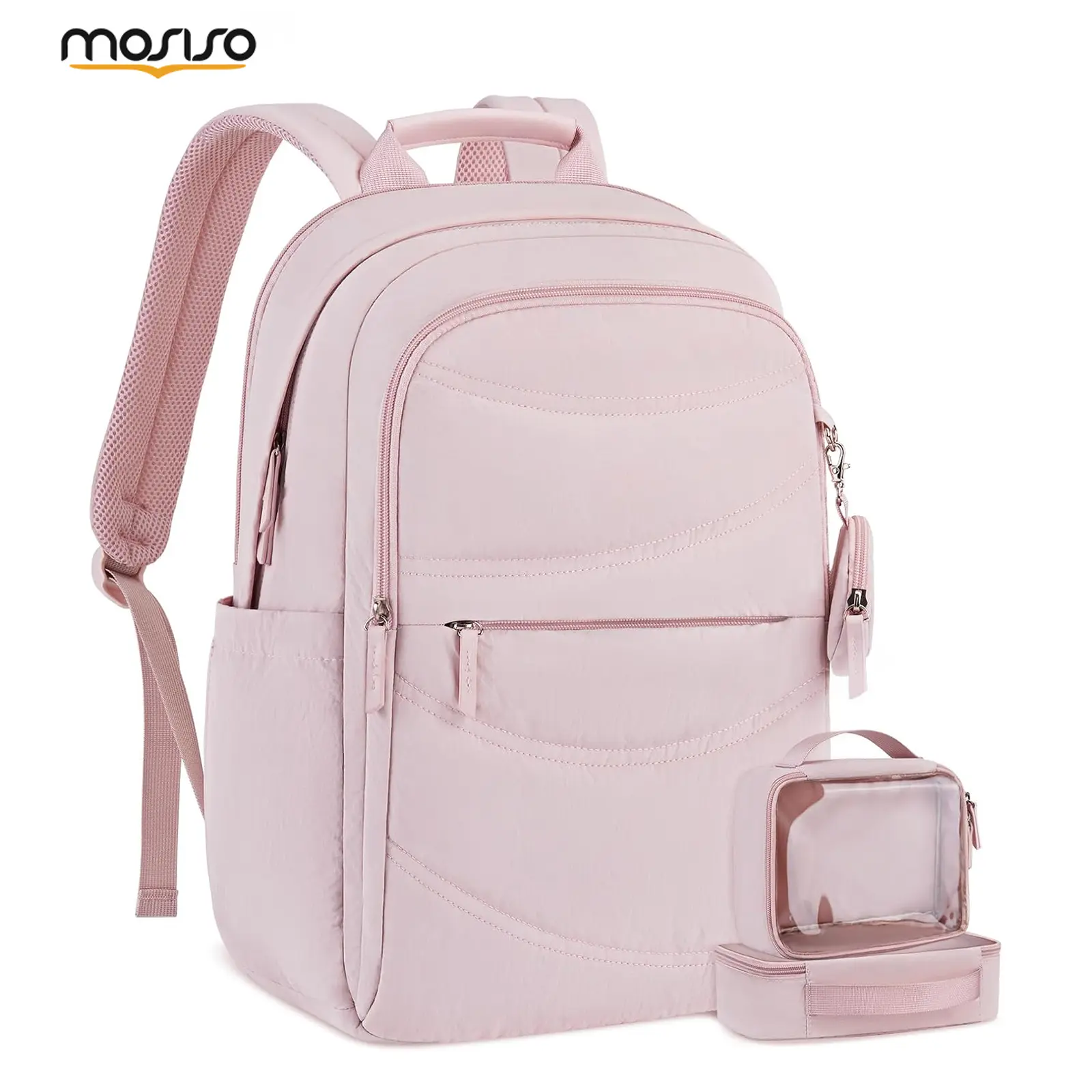 MOSISO 15.6 Inch Laptop Backpack for Women, Quilted Travel Backpack with 2 Packing Cubes, Lightweight Computer Backpack for College, Work, Commuting & Air Travel, Pink