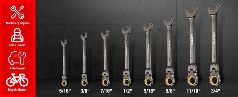 #JumpstartSale WORKPRO 8-piece Flex-Head Ratcheting Combination Wrench Set, 72-Teeth, Cr-V Constructed, Mirror Polished Chrome Plated with Roll Up Pouch
