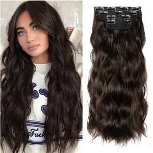 Clip in Synthetic Hair Extensions Long Wavy 4PCS Thick Hairpieces Dark Brown Fiber Double Weft Natural Hair Extensions 20 Inch for Women synthetic hairpiece instant volume