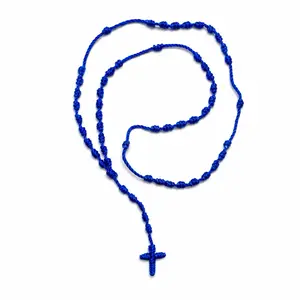 100% Handmade Rosary Cross Pendant Long Braided String Knotted Catholic Religion Adjustable Colorful Rope Necklace Lucky Protection Keepsake Jewelry for Women Men made in Mexico