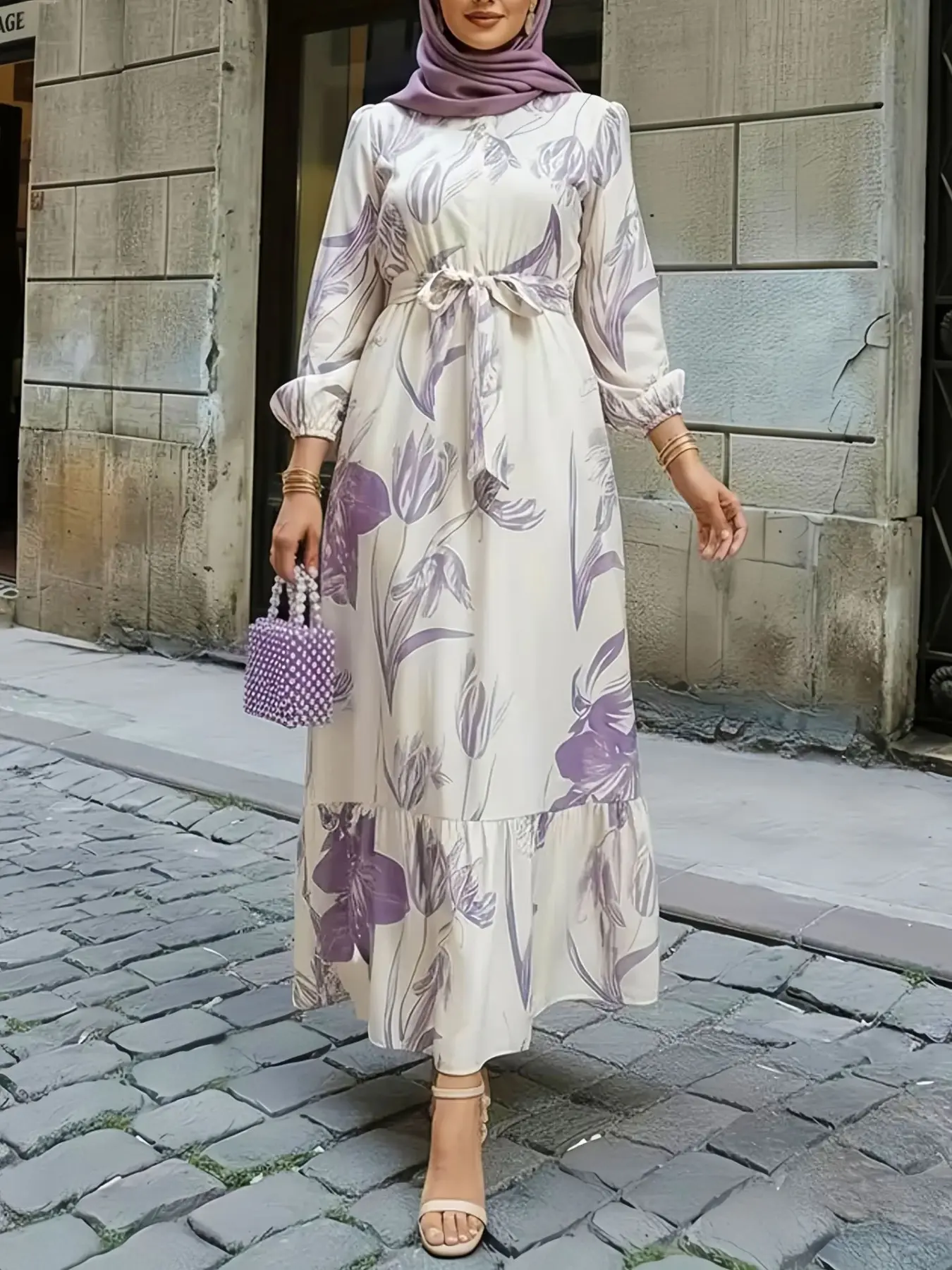 Elegant Women's Floral Print Dress, Modest Dress, Modest Style Dress, Modest Muslim Clothing, Modest Clothes, Elastic Waist Patchwork Hem, Casual Daily Wear, Travel, Holiday, Vacation, Party