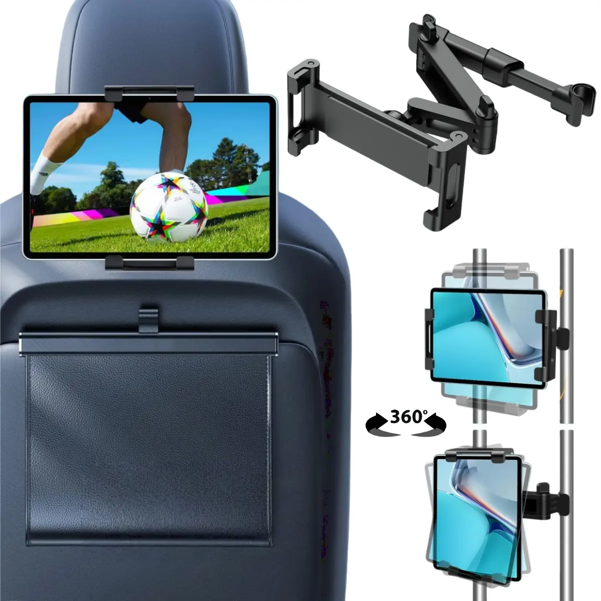 Universal Car Headrest Tablet & Car Phone Holders, 360° Rotatable Adjustable Long Extension Arm Back Seat Mount, Anti-Slip Road Trip Vehicle Stand for Kids, Fits iPhone, iPad Pro/Mini/Air, Samsung Galaxy Tab, Kindle Fire E-Readers