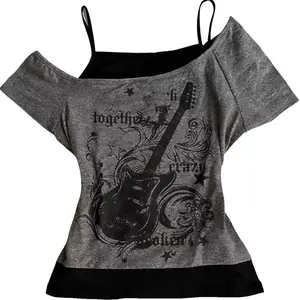 Women's 2-in-1 Halter Top Music Notes & Guitar Print Y2K Casual Summer Top