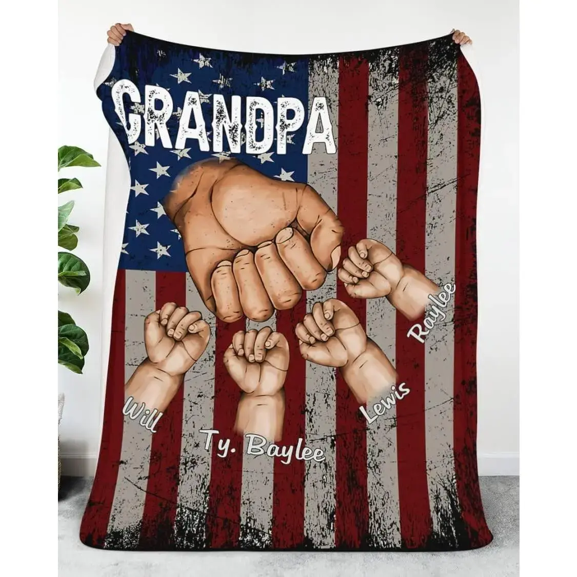 Pofily Personalized Dad Fist Bump with Kids American Flag Blanket, Custom Grandpa Throw Blanket, Fathers Day Birthday Blanket, Vintage Fathers Day, for Grandpa Daddy Poppy Pops
