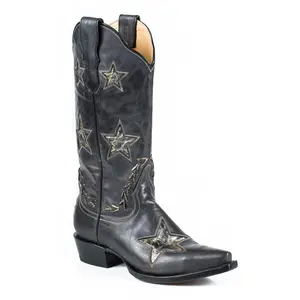 Stetson Star Ladies Black Leather 13in Distressed Gold Boots