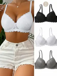[3 Pack] Women’s Breathable Lace Push Up Bra, Adds 2 Cups, Padded Underwire Plunge Lift Black, white, gray perfect valentine gift