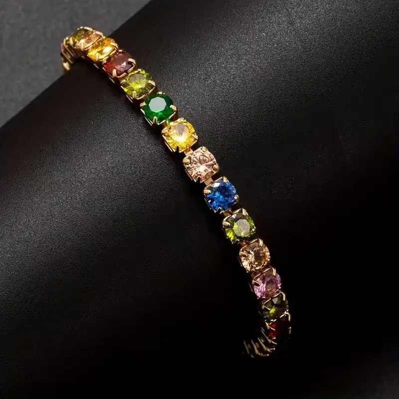 Vibrant Multicolor Square CZ Tennis Bracelet 14K Gold Plated Rainbow Gemstone Stackable Jewelry Ideal for Daily Wear Festivals & Gifting