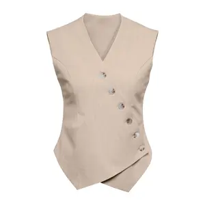 Cicy Bell  Women's V-Neck Sleeveless Blazer Vest with Asymmetrical Hem - Minimalist Basic Uniforms for Work Office Wear - Workwear