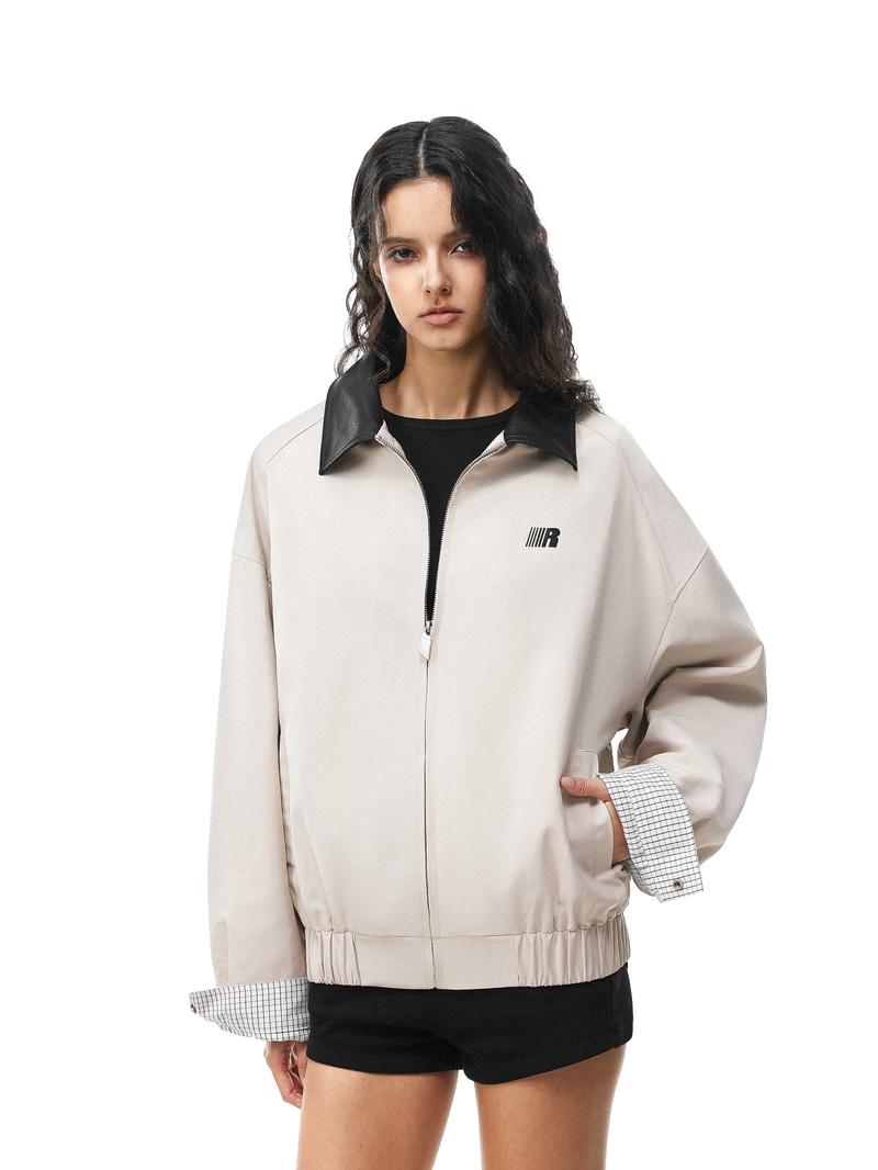 Barn Jacket with Detachable Leopard Collar FDR Unisex Plain Casual Minimalist Loose Fit Women's Coat Pu Patchwork Trendy Outerwear for Daily Wear Heavyweight Zipper Short Tops Womenswear #valentinesday #tiktokshopjumpstartsale #valentinesdaygift