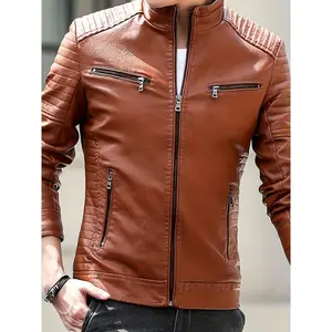 Sturdy Men's PU Leather Motorcycle Jacket - Zipper Pocket Detail, Casual Stand Collar, Long Sleeve, Perfect Outdoor Adventure Fabric Men's Wear