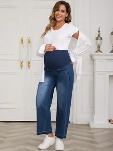 INSPIRE CHIC Women's Maternity Denims Wide Leg Over the Belly Support Loose Straight Pregnancy Denim Pants with Pockets
